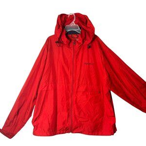 Eddie Bauer Windbreaker Jacket Mens L Red Hooded Lightweight Rain All Weather‎
